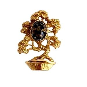 Vintage Bonsai Tree Brooch Gold Tone Pin Dragons Breath Style Stone 60s